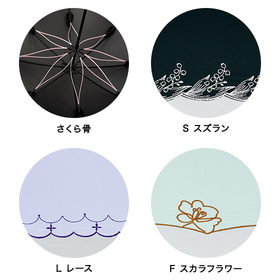 9056 S/L/F/P/R/O/B 50cm ショート 刺繍 サクラ骨 ブラックコーティング － スズラン／レース／スカラフラワー／シェルピコ／レインリリー／オリーブ／バード／イメージ08